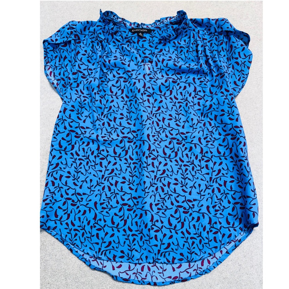 41 Hawthorn Blouse Womens S Petite Blue Burgundy Floral Flutter Sleeve V-Neck